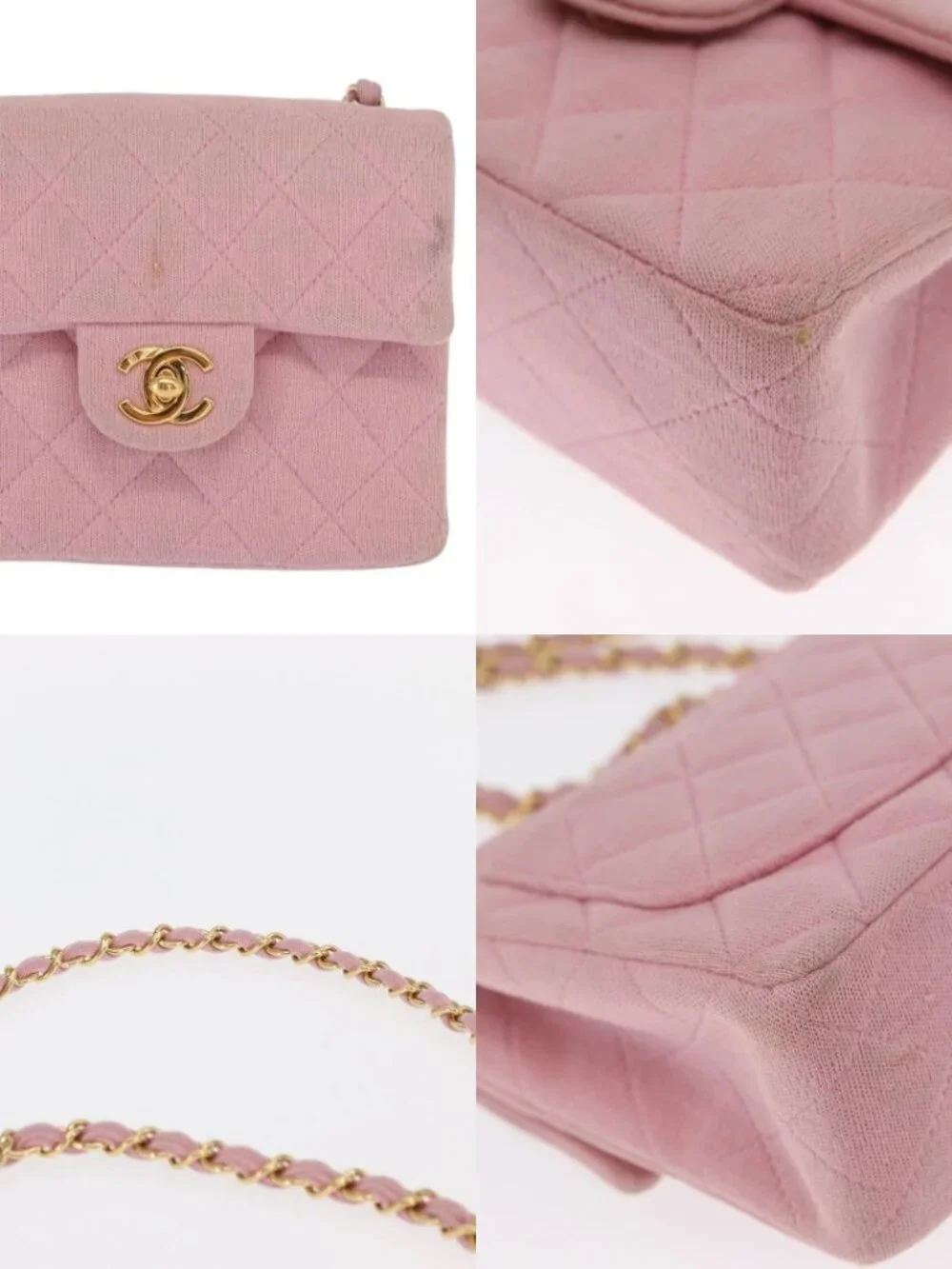 CHANEL Mini Matelasse 17 Chain Shoulder Bag Cotton Pink Gold CC Auth 159216